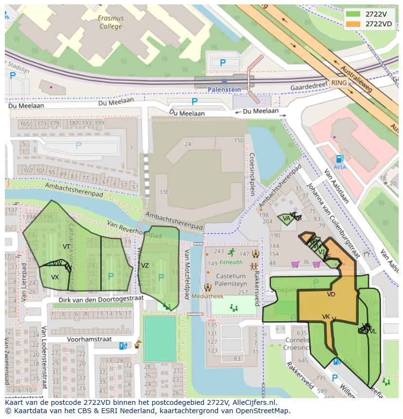 Afbeelding van het postcodegebied 2722 VD op de kaart.