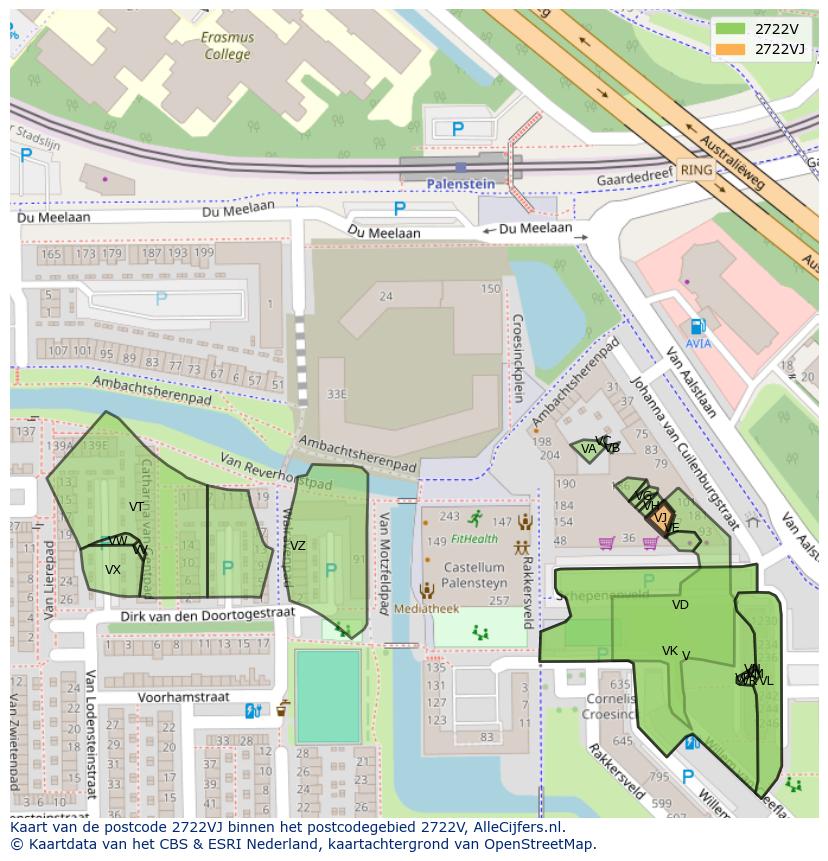 Afbeelding van het postcodegebied 2722 VJ op de kaart.
