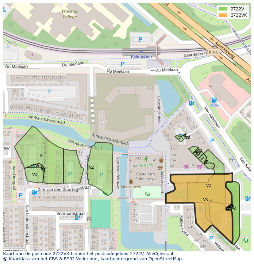 Afbeelding van het postcodegebied 2722 VK op de kaart.