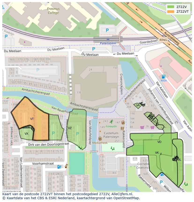 Afbeelding van het postcodegebied 2722 VT op de kaart.