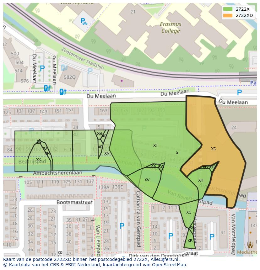 Afbeelding van het postcodegebied 2722 XD op de kaart.