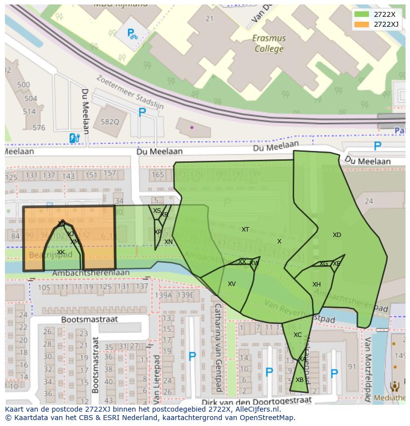Afbeelding van het postcodegebied 2722 XJ op de kaart.