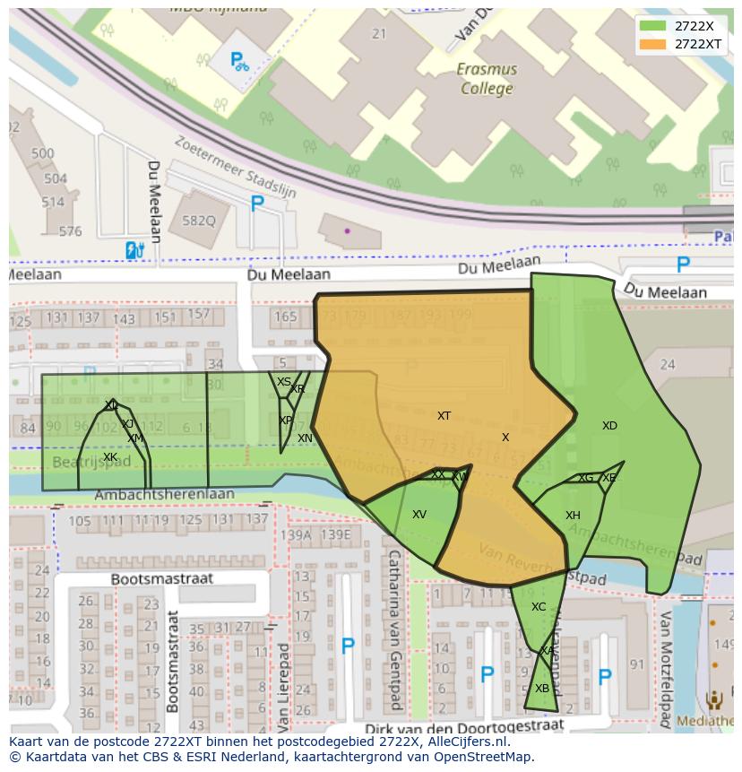 Afbeelding van het postcodegebied 2722 XT op de kaart.