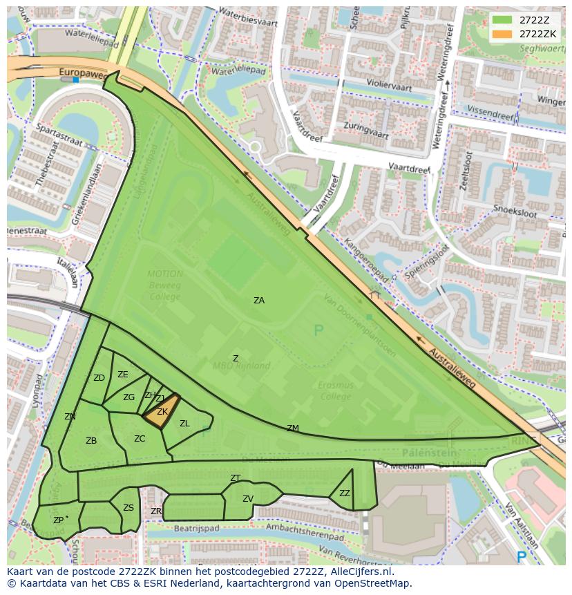 Afbeelding van het postcodegebied 2722 ZK op de kaart.