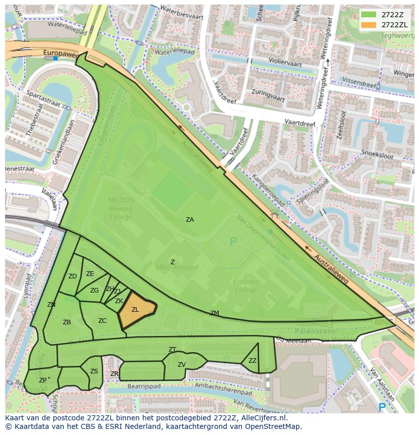 Afbeelding van het postcodegebied 2722 ZL op de kaart.