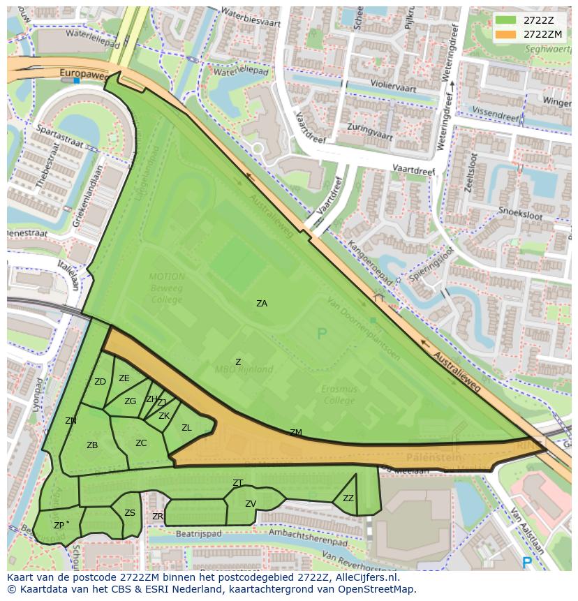 Afbeelding van het postcodegebied 2722 ZM op de kaart.