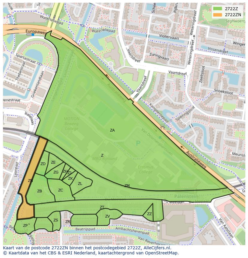 Afbeelding van het postcodegebied 2722 ZN op de kaart.