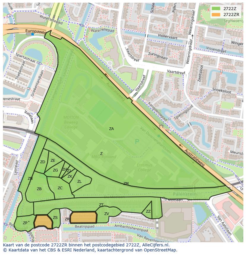Afbeelding van het postcodegebied 2722 ZR op de kaart.