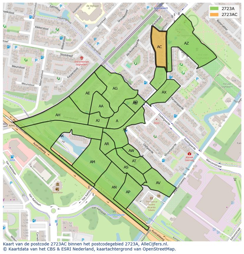 Afbeelding van het postcodegebied 2723 AC op de kaart.