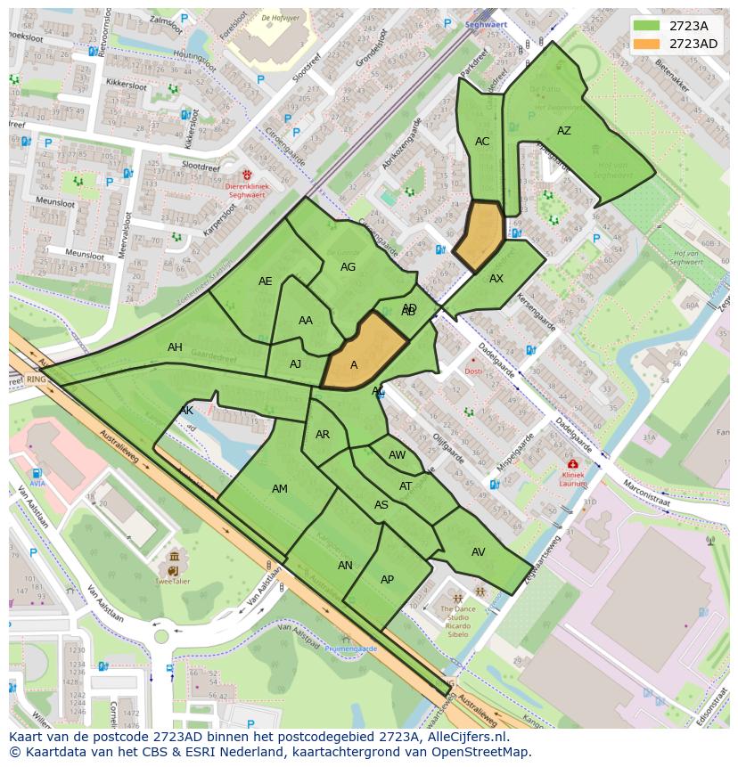 Afbeelding van het postcodegebied 2723 AD op de kaart.