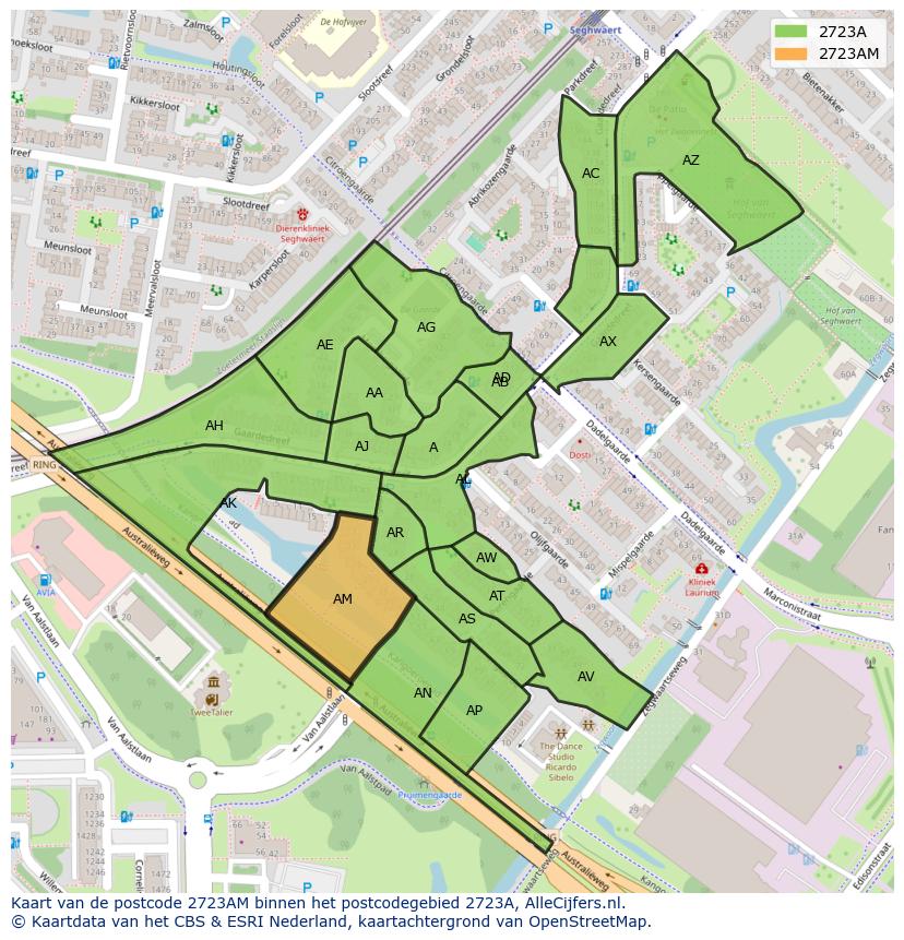 Afbeelding van het postcodegebied 2723 AM op de kaart.