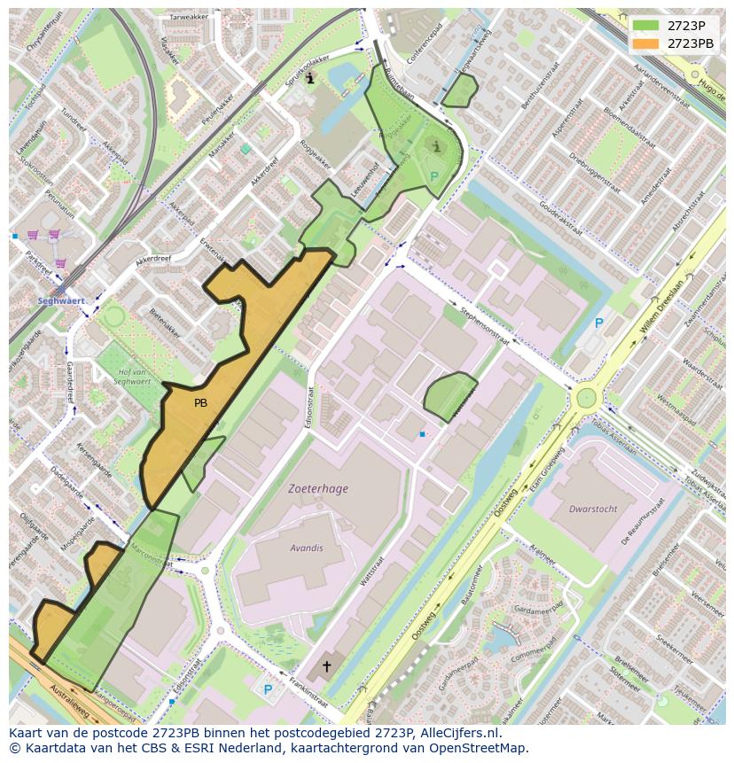Afbeelding van het postcodegebied 2723 PB op de kaart.