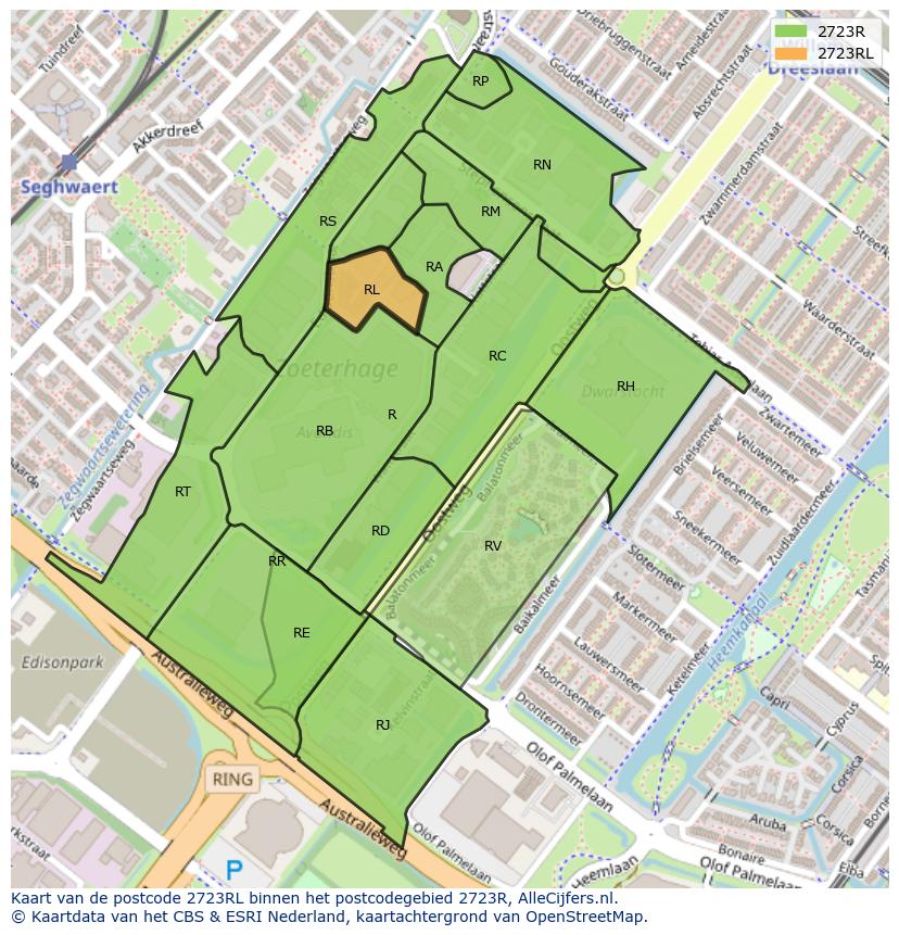 Afbeelding van het postcodegebied 2723 RL op de kaart.