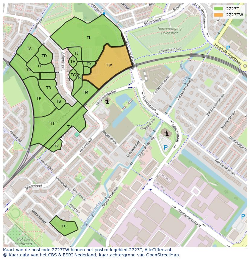 Afbeelding van het postcodegebied 2723 TW op de kaart.