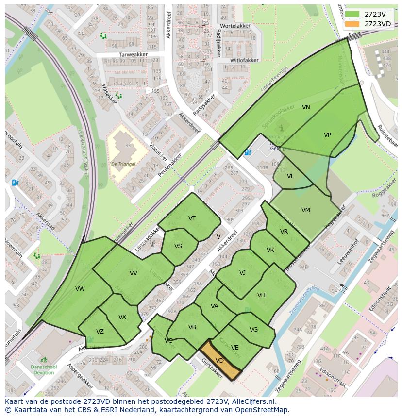 Afbeelding van het postcodegebied 2723 VD op de kaart.