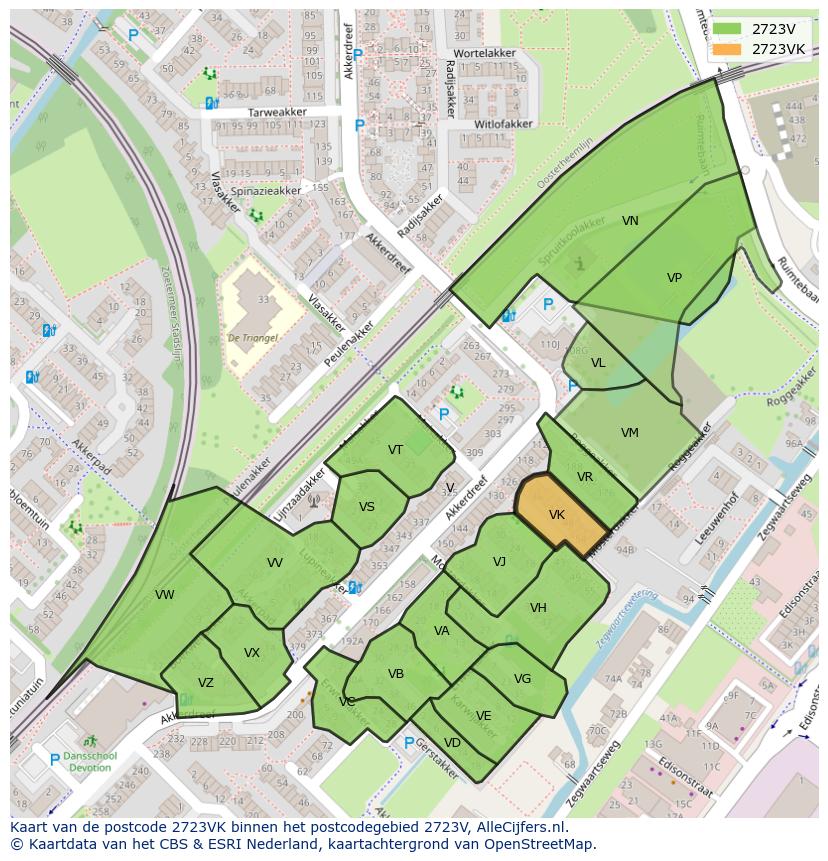 Afbeelding van het postcodegebied 2723 VK op de kaart.