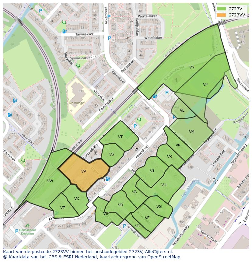 Afbeelding van het postcodegebied 2723 VV op de kaart.