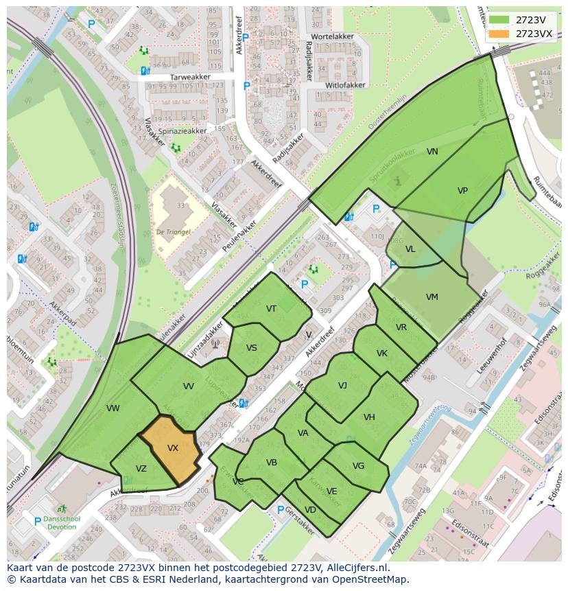 Afbeelding van het postcodegebied 2723 VX op de kaart.