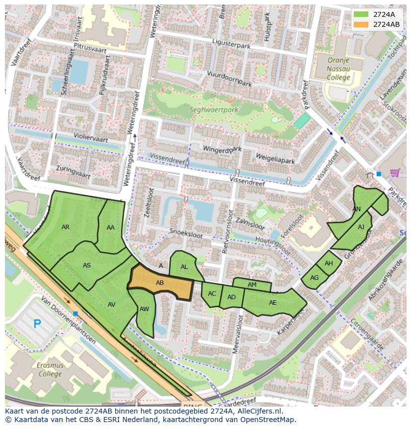 Afbeelding van het postcodegebied 2724 AB op de kaart.