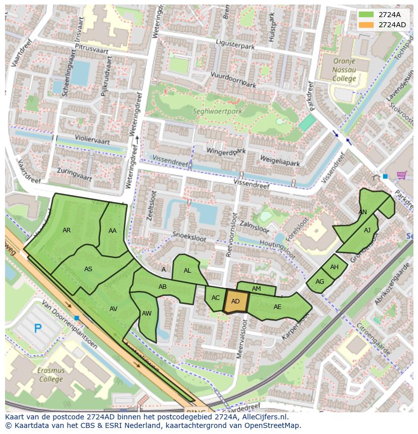 Afbeelding van het postcodegebied 2724 AD op de kaart.