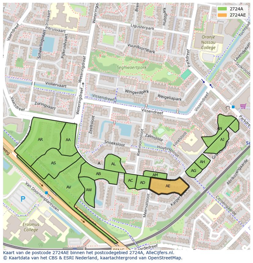Afbeelding van het postcodegebied 2724 AE op de kaart.
