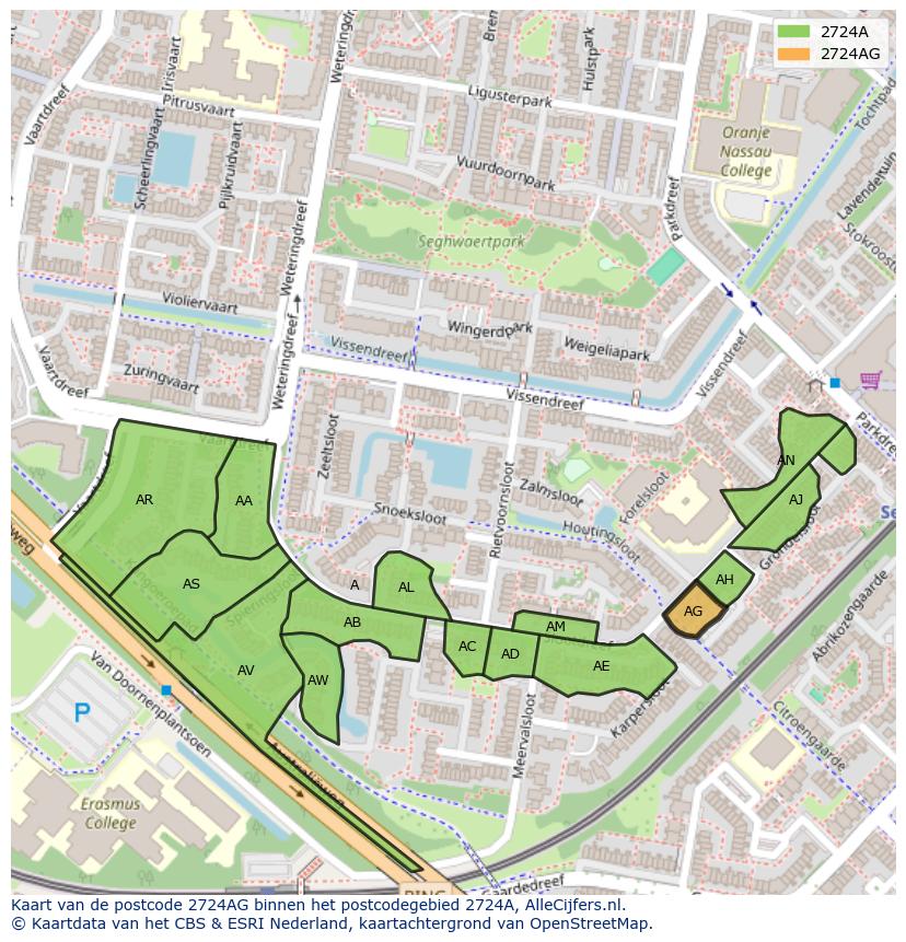 Afbeelding van het postcodegebied 2724 AG op de kaart.