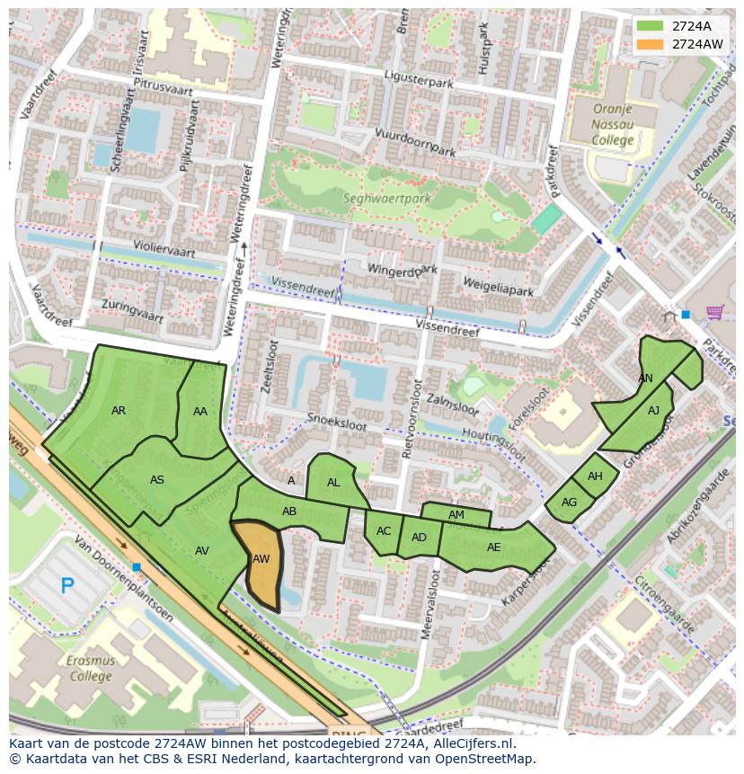 Afbeelding van het postcodegebied 2724 AW op de kaart.