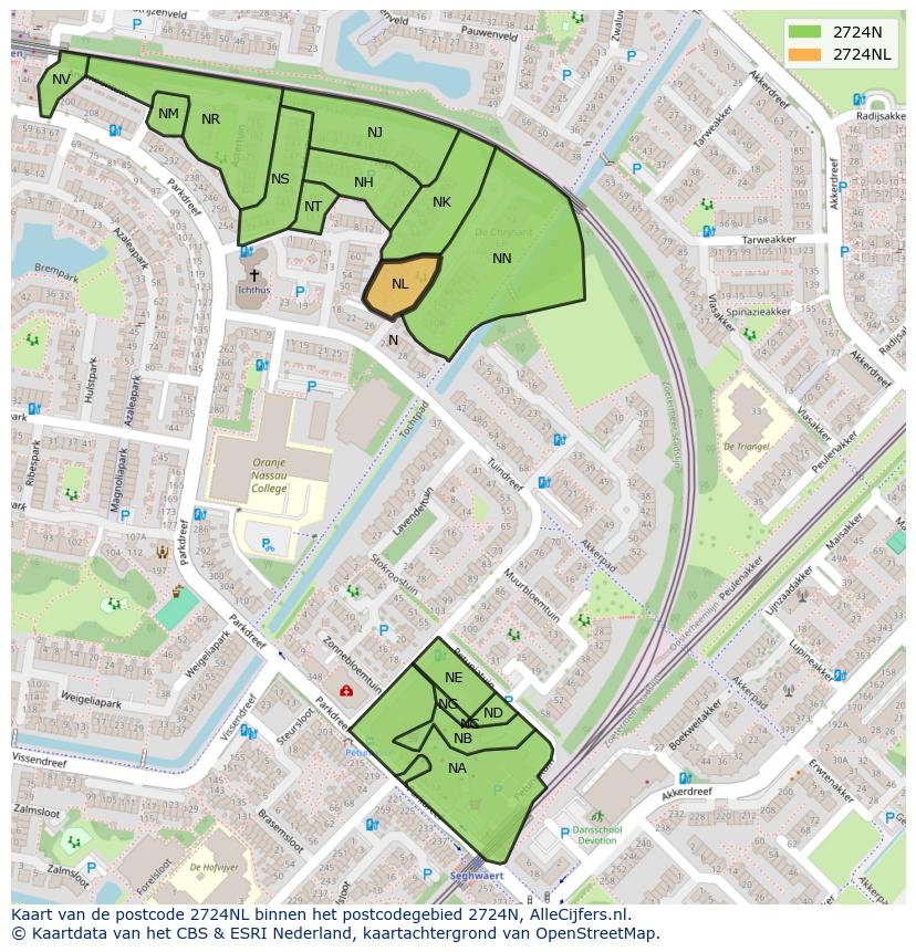 Afbeelding van het postcodegebied 2724 NL op de kaart.