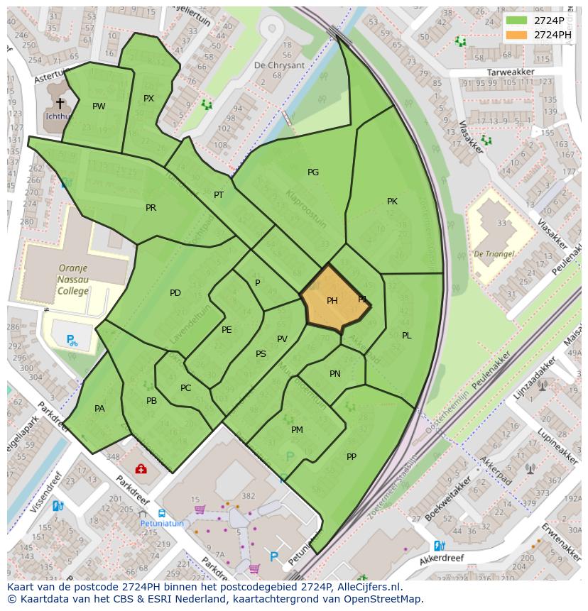 Afbeelding van het postcodegebied 2724 PH op de kaart.