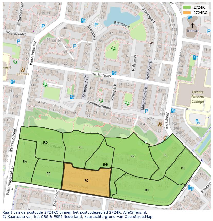 Afbeelding van het postcodegebied 2724 RC op de kaart.