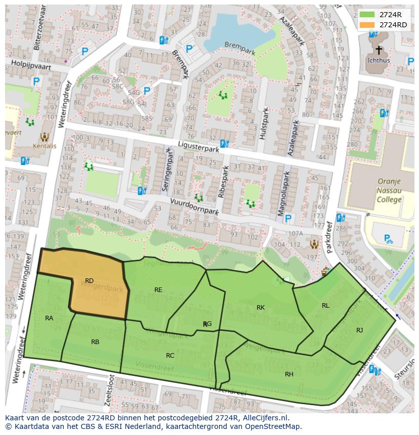 Afbeelding van het postcodegebied 2724 RD op de kaart.