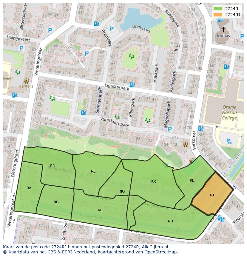 Afbeelding van het postcodegebied 2724 RJ op de kaart.