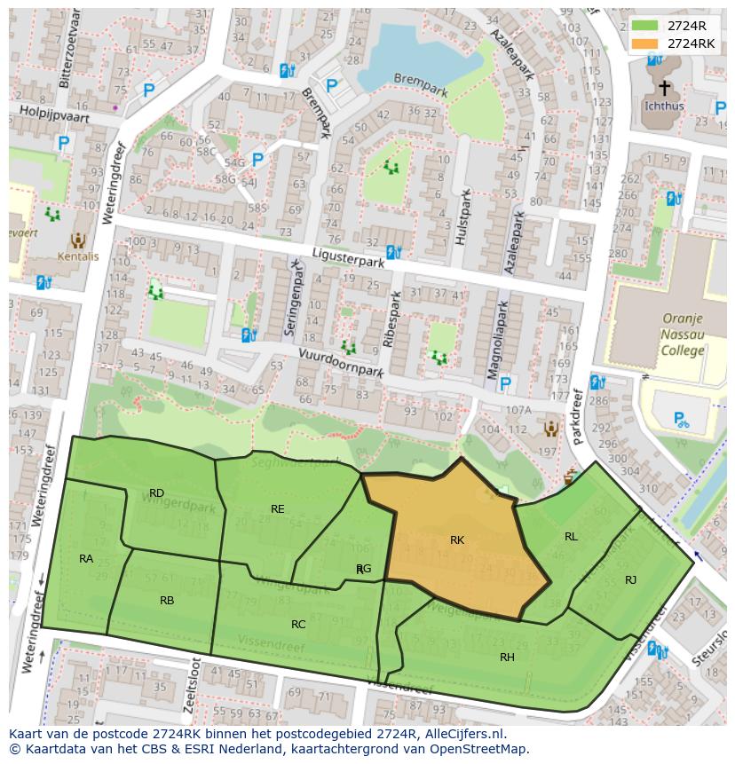Afbeelding van het postcodegebied 2724 RK op de kaart.
