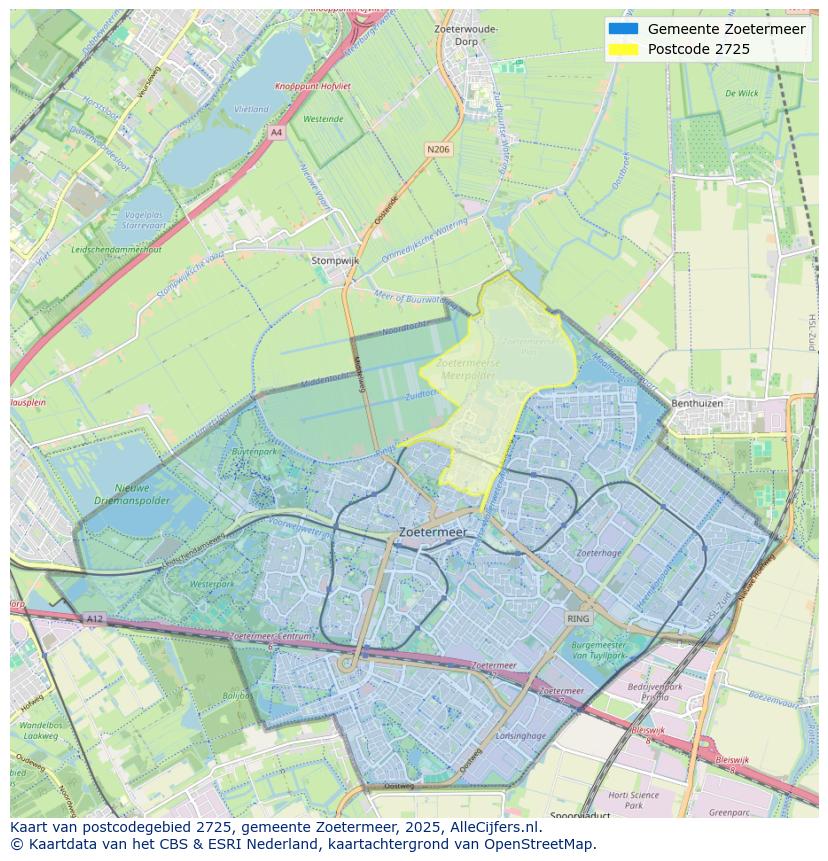 Afbeelding van het postcodegebied 2725 op de kaart.