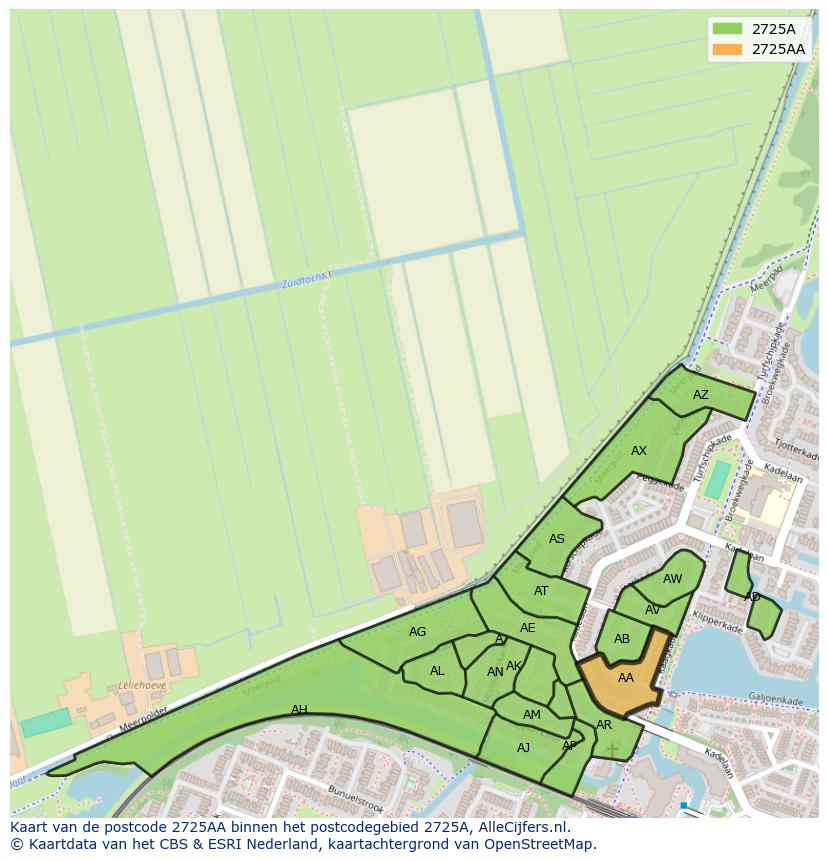 Afbeelding van het postcodegebied 2725 AA op de kaart.