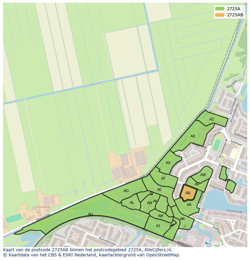 Afbeelding van het postcodegebied 2725 AB op de kaart.