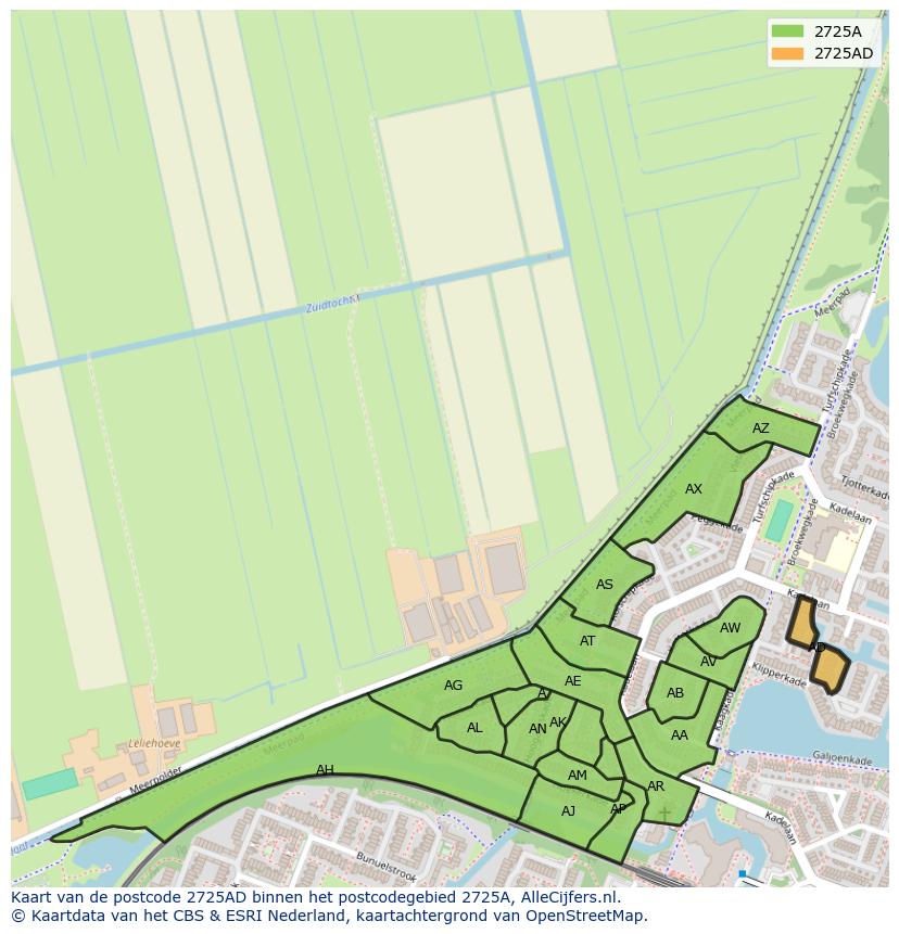 Afbeelding van het postcodegebied 2725 AD op de kaart.