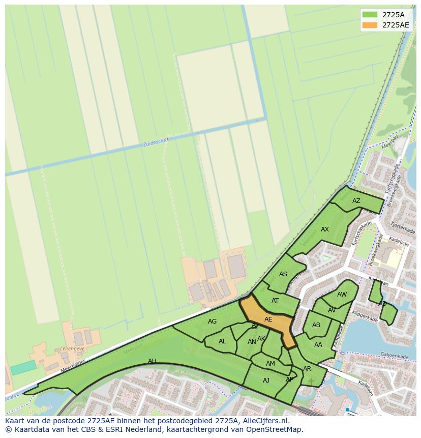 Afbeelding van het postcodegebied 2725 AE op de kaart.