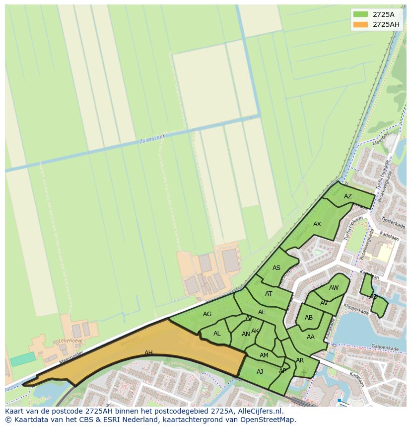 Afbeelding van het postcodegebied 2725 AH op de kaart.