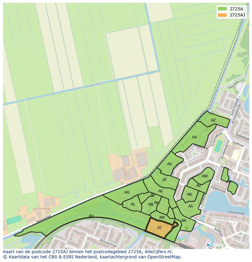 Afbeelding van het postcodegebied 2725 AJ op de kaart.