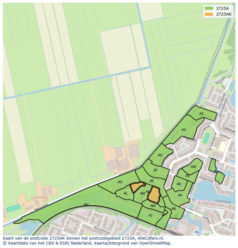 Afbeelding van het postcodegebied 2725 AK op de kaart.