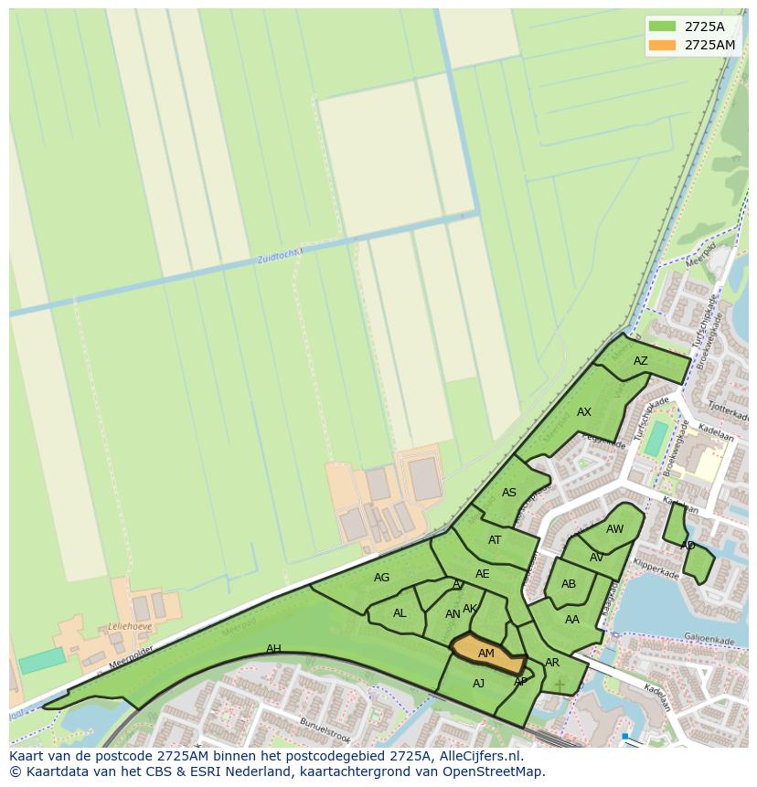 Afbeelding van het postcodegebied 2725 AM op de kaart.