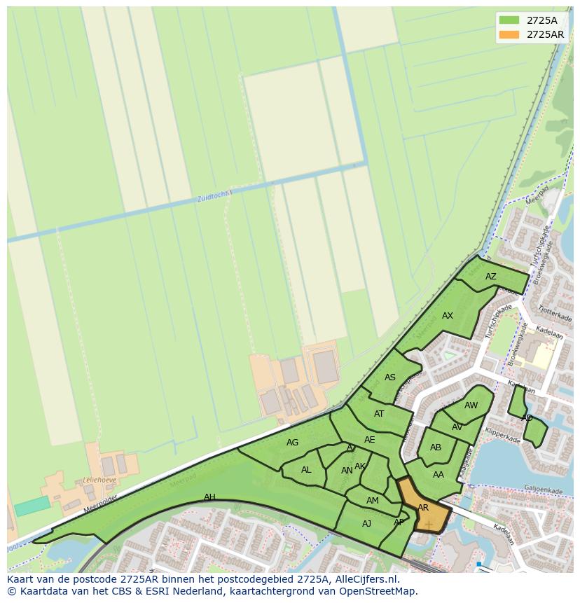 Afbeelding van het postcodegebied 2725 AR op de kaart.