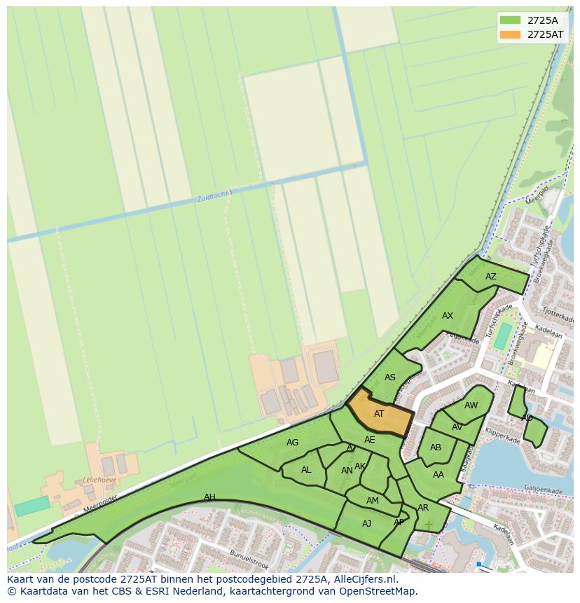 Afbeelding van het postcodegebied 2725 AT op de kaart.