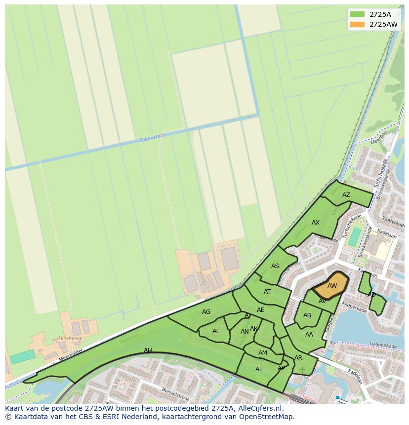 Afbeelding van het postcodegebied 2725 AW op de kaart.