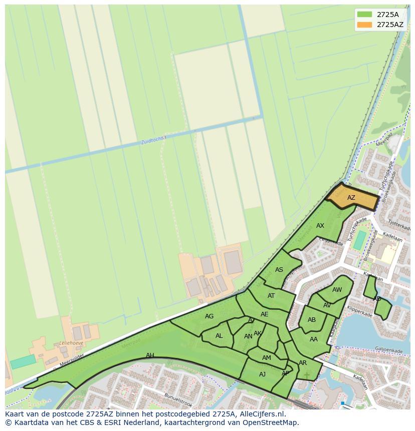 Afbeelding van het postcodegebied 2725 AZ op de kaart.