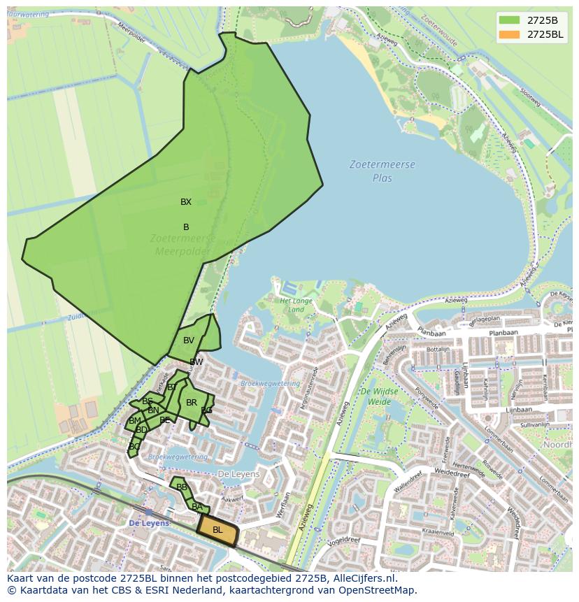 Afbeelding van het postcodegebied 2725 BL op de kaart.