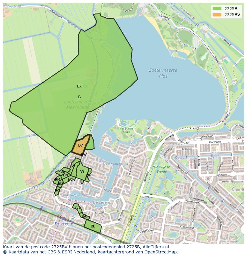 Afbeelding van het postcodegebied 2725 BV op de kaart.