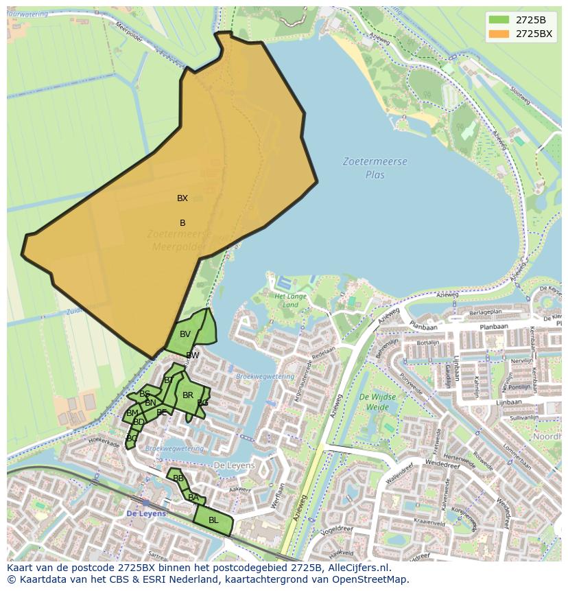 Afbeelding van het postcodegebied 2725 BX op de kaart.