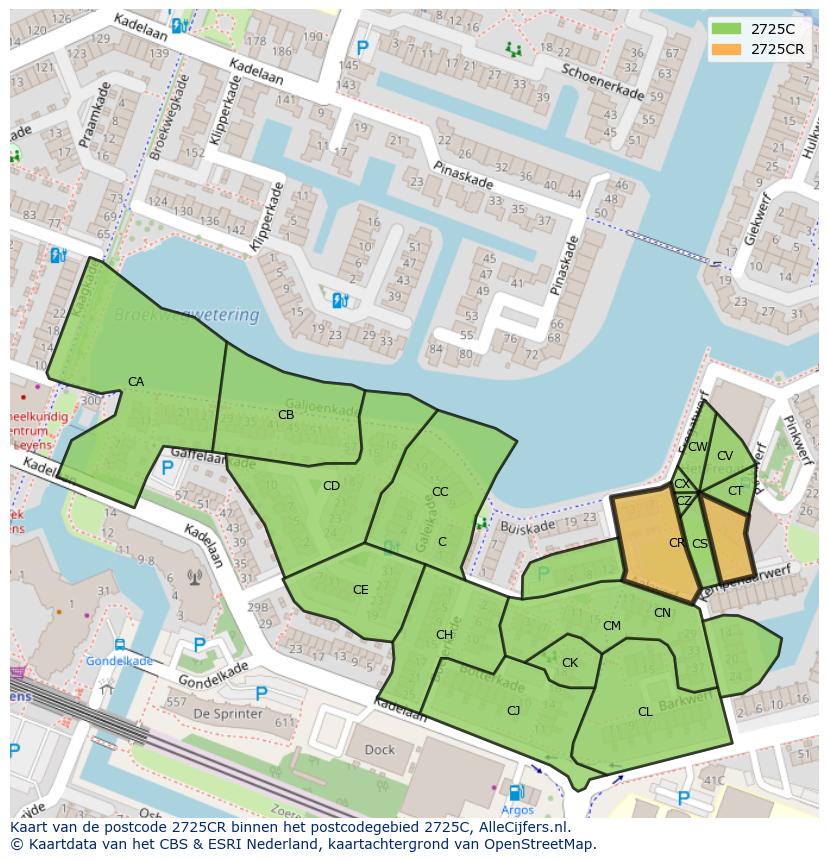 Afbeelding van het postcodegebied 2725 CR op de kaart.